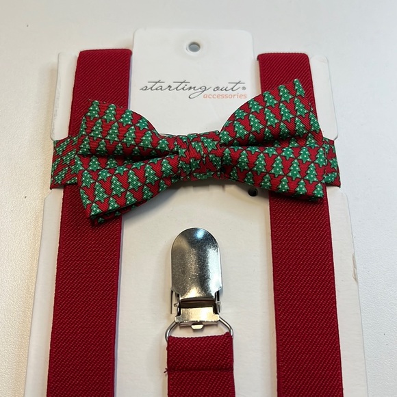 Starting Out Red Suspenders w/ Red & Green Christmas Tree Bow Tie, NWT! - Picture 2 of 4